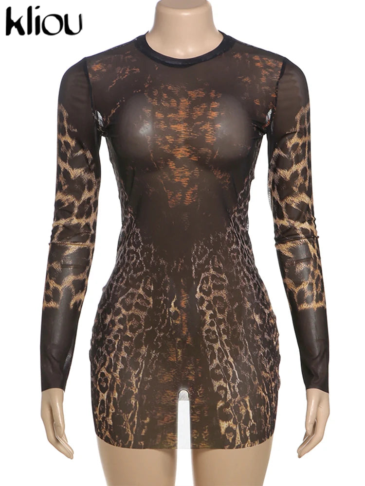 kliou Mesh Leopard Print Mini Dress Women Fashion Sexy See Through Full Sleeve Crew Neck Bodycon Female Popular Club Party Robe