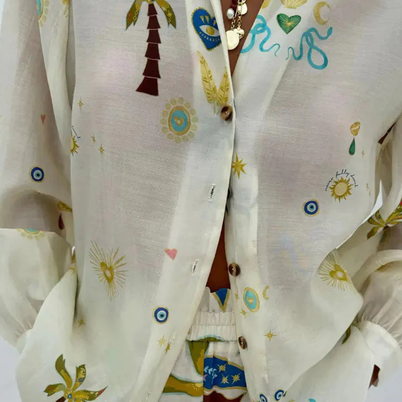 2025 Vacation Loose Outfit Spring Summer Pattern Printed Long Sleeved Two Piece Set Women Lapel Button Up Shirt and Shorts Suit