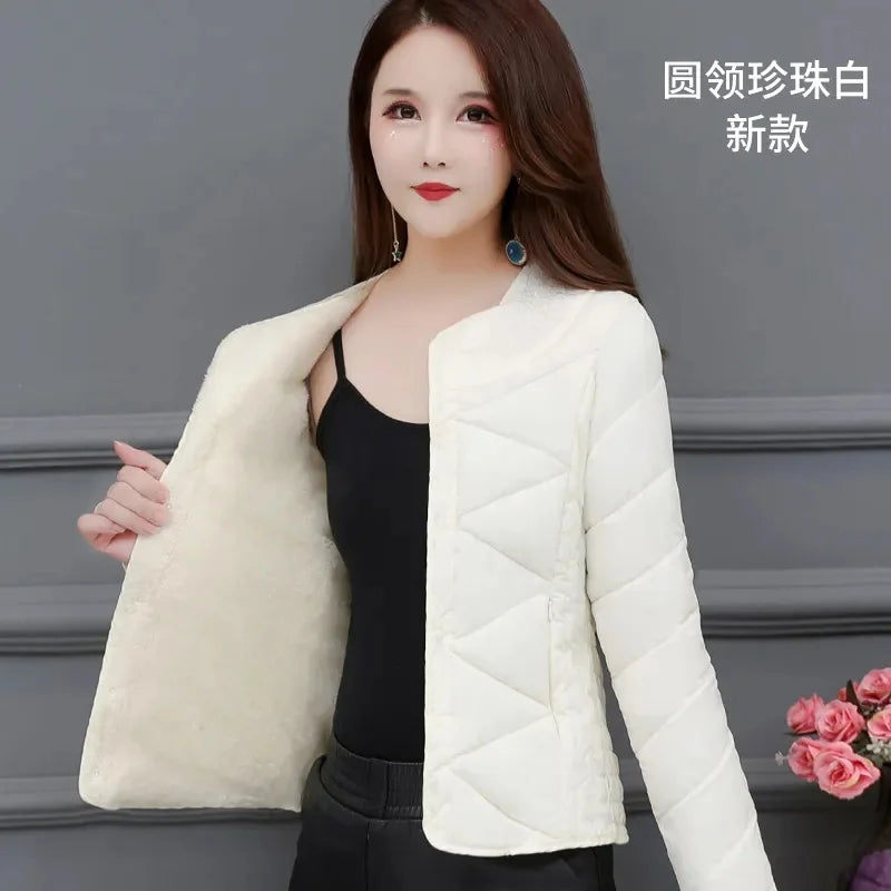 Winter Down Padded Jacket Women's Inner Short Mother's Wear Velvet Thickening Middle-Aged Elderly Mom Wear Pocket Jacket Pink