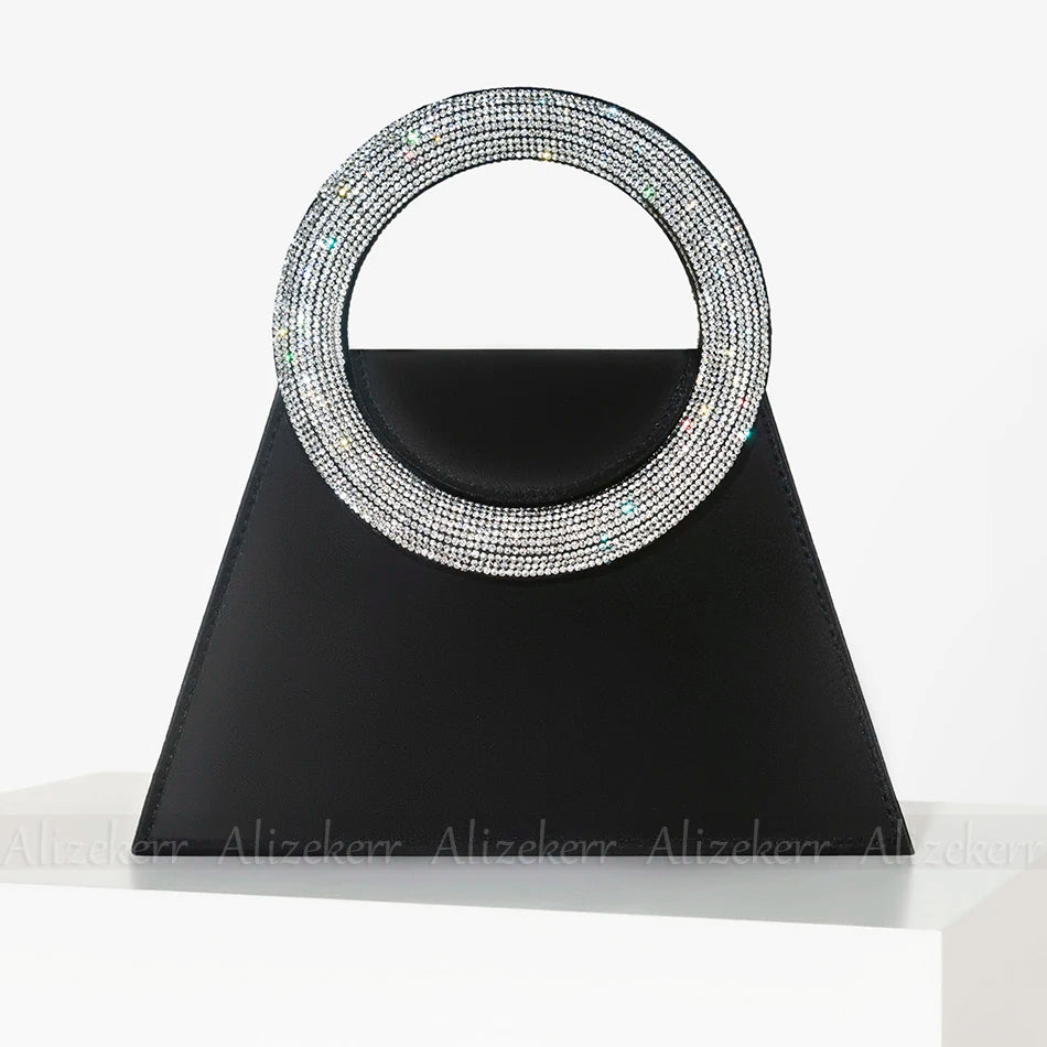 Bling Rhinestone Satin Handbags Women 2023 Elegant Boutique Round Crystal Handle Trapezoid Evening Clutch Purses Wedding Party