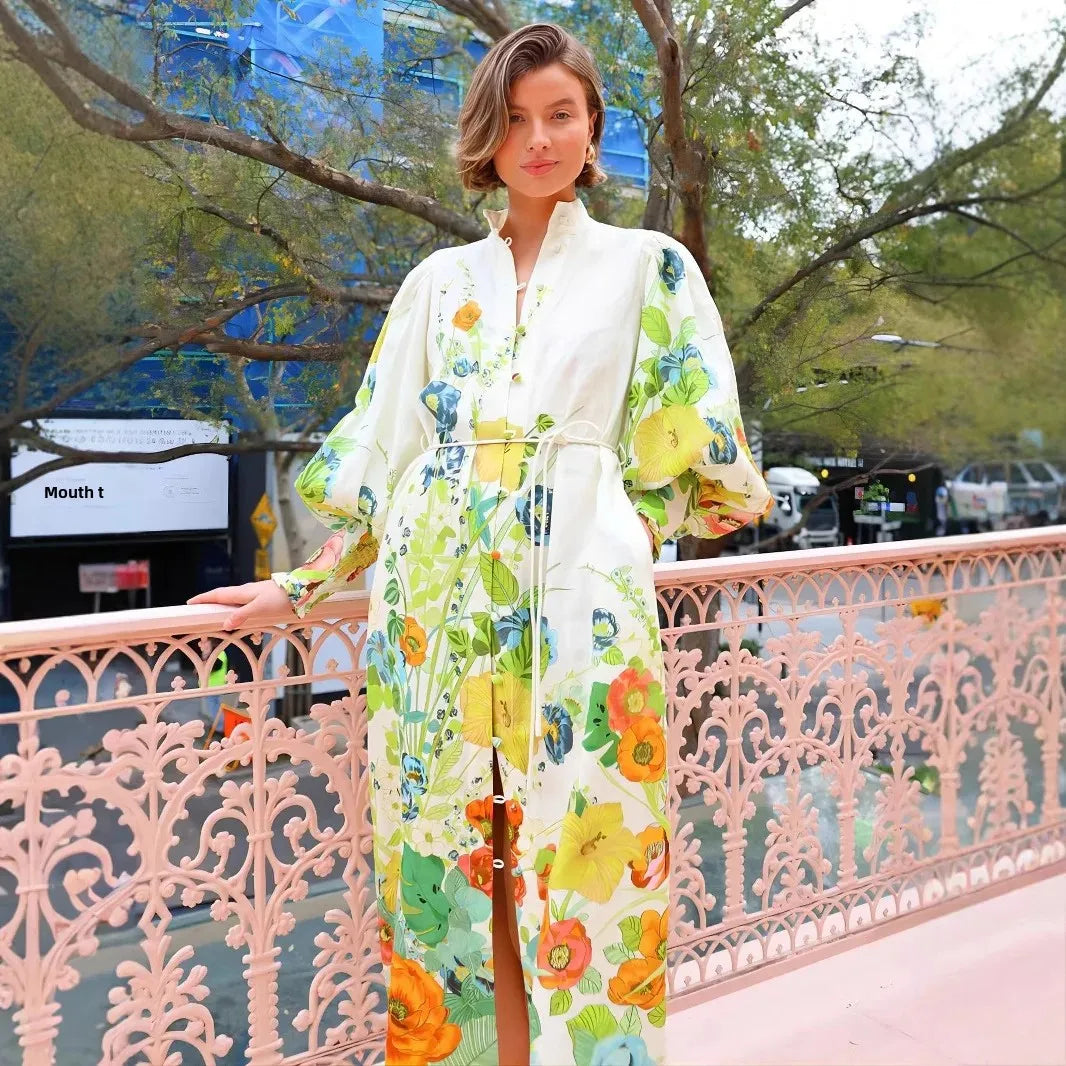 Waist-Cinching Long Lantern Sleeve Printed Dress with Belt Single Button Closure Independent Station Cross-Border Hot Sale Of Th