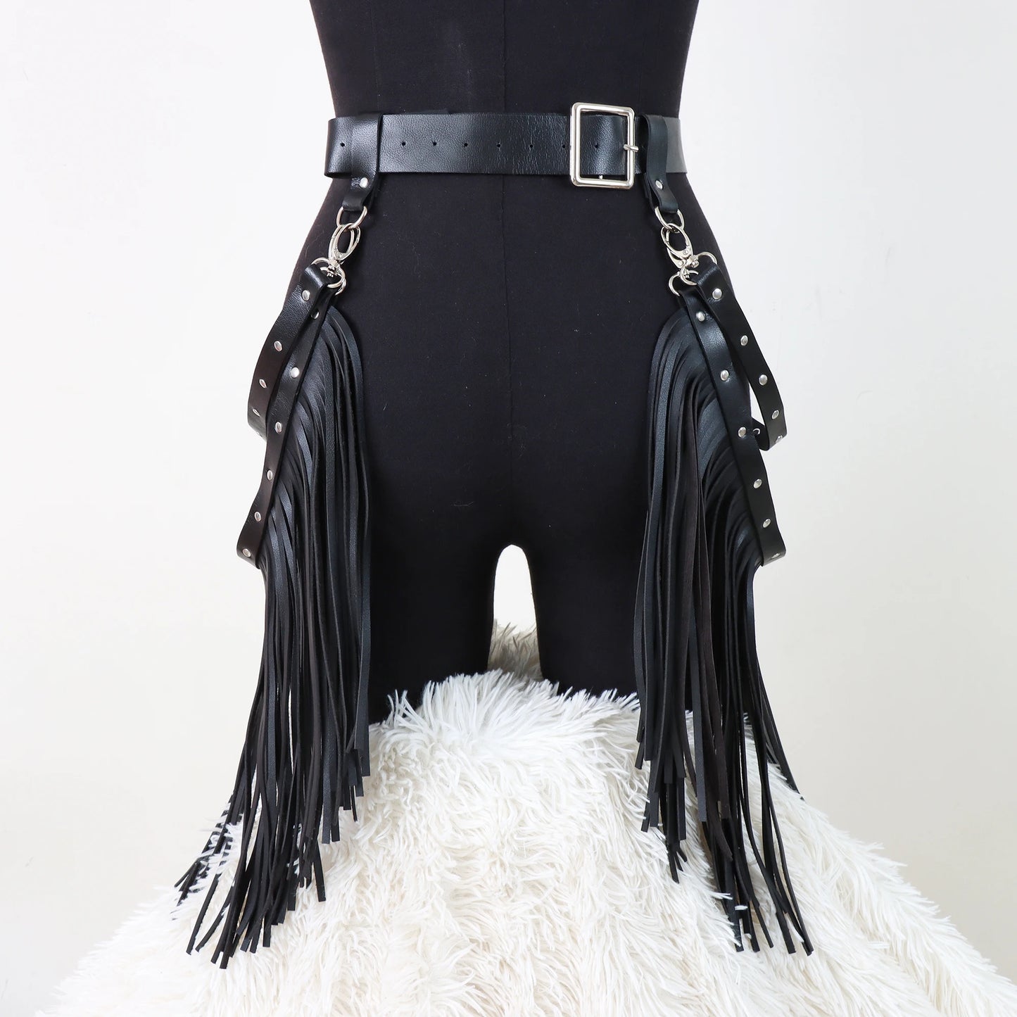 Gothic Leather Harness Skirt With Fringe for Women