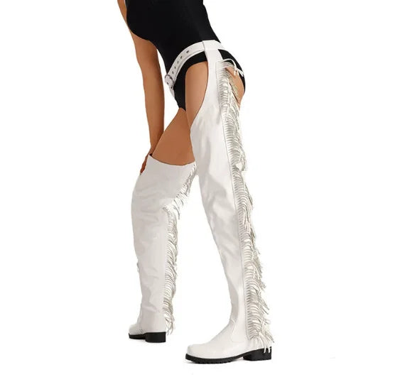 Fringe Belted Thigh High Boot Over The Knee Pointed Toe Thin Heel Side Zipper Solid Color Suede Fashion Novelty Concise Sexy New