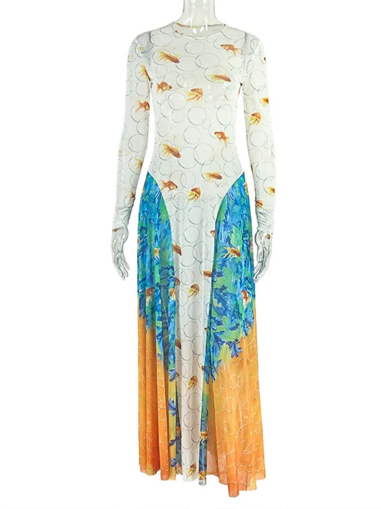 Joskaa 2025 Women's Print Patchwork A-Line Dress Sexy Sheer Mesh O-Neck Long Sleeve Belted Waist Skinny Vestidos Y2K Streetwear