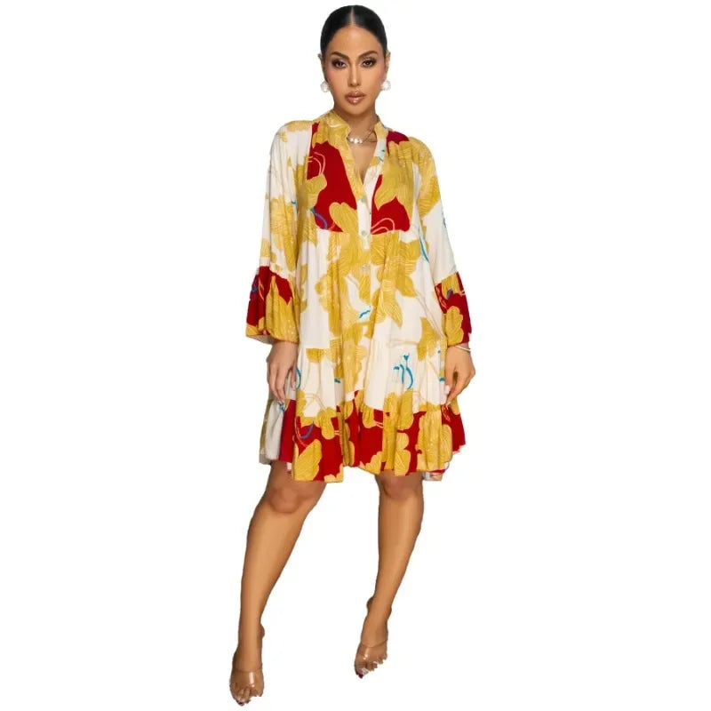 Dashiki African Dresses for Women Summer Elegant African Long Sleeve V-neck Printing Party Evening Dress Outfits Ankara Dresses