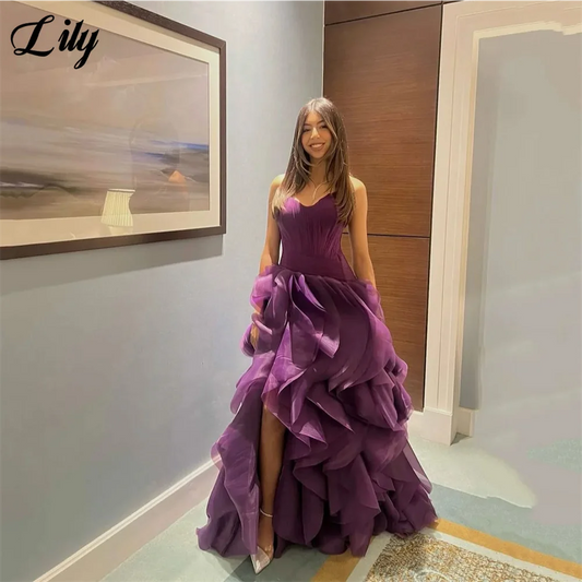 Lily Purple Elegant Prom Dresses Organza Sweetheart - Neck Formal Gown Side High Split and Ruffled Tulle Ball Gown Customized
