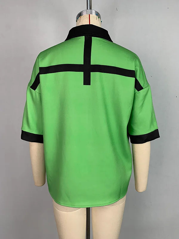 Beautyblue 2025 Summer Polo T-shirt Chic Elegant Shirt Loose Half Sleeves Button High Street Cool Women's Fashion Blouses Tops