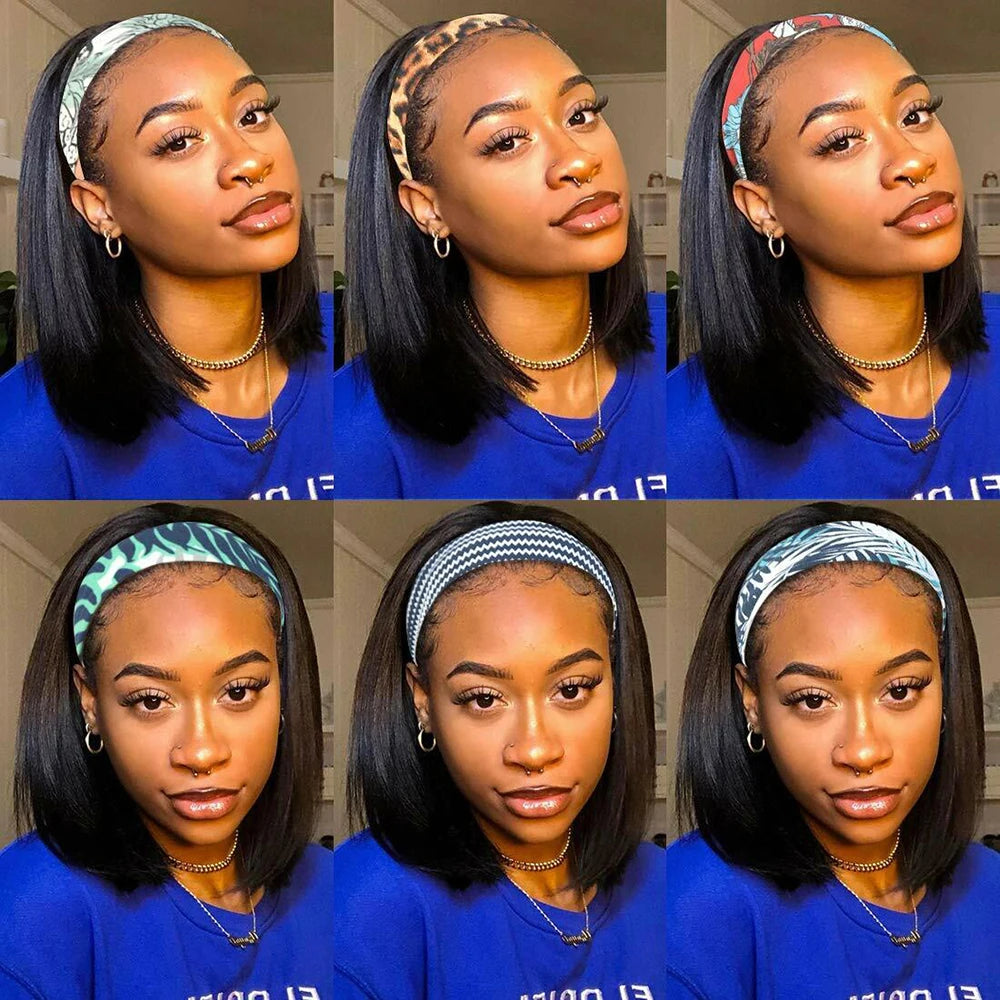 Headband Wigs Human Hair Bob Headband Wigs for Black Women Easy Put On and Go Glueless Wigs Short Straight Wigs Machine Made Wig
