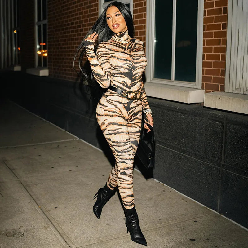 Tiger Print Patchwork Long Sleeve Bodycon Jumpsuit for Women