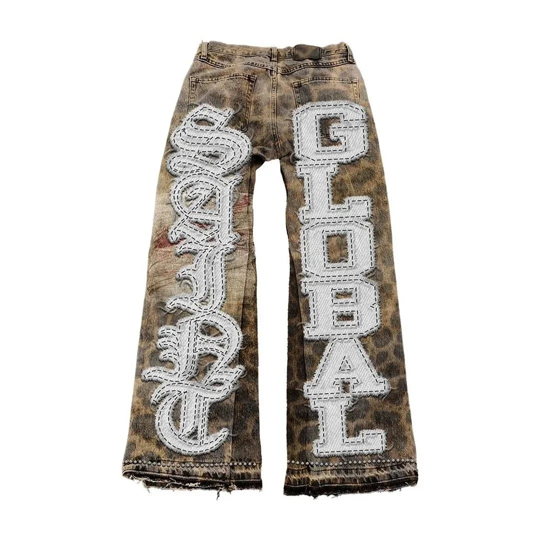 Gothic Men Women Vintage Leopard Jeans Y2K Clothes Hip Hop Letter Patchwork Embroidery Baggy Shorts Mid-rise Wide Leg Trousers