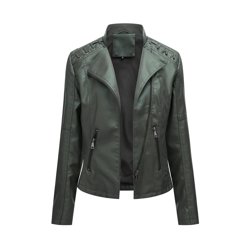 Spring Autumn Leather Jacket Women Slim Fit Motor Biker PU Leather Short Coat Stand Collar Ladies Zipper Outerwear 2024 New