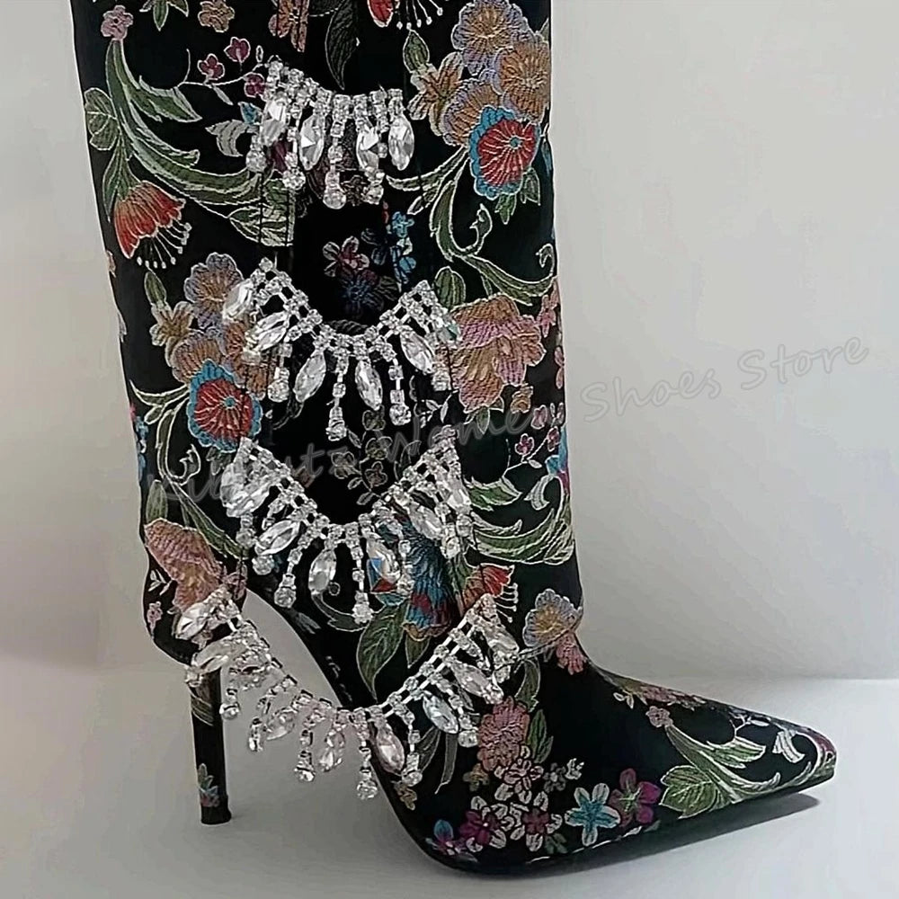 Embroidery Crystal Knee High Boots Glossy Fashion Elegant Luxury Novelty Concise Slip-On Pointed Toe Thin Heels Women Shoes New