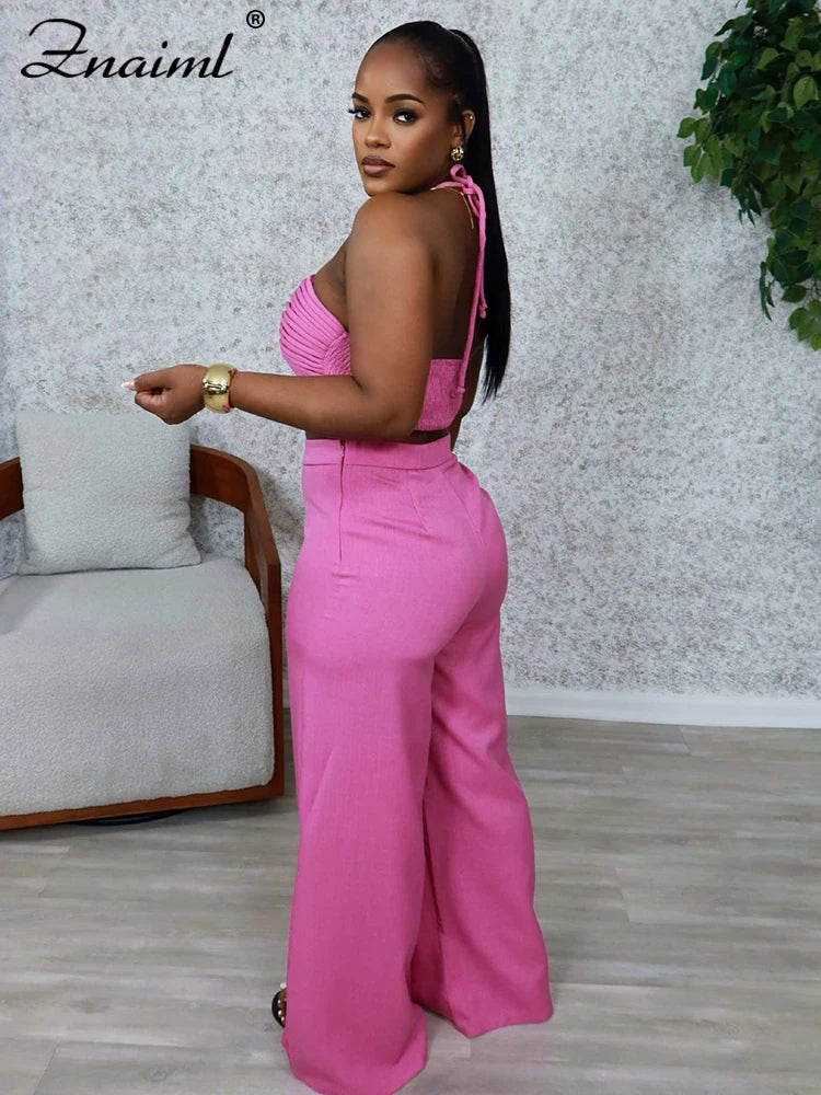 Znaiml Halter Sleeveless Ruched Crop Top and Wide Leg Pants 2 Piece Sets Woman Summer Sexy Beach Paarty Night Club Outfit 2025