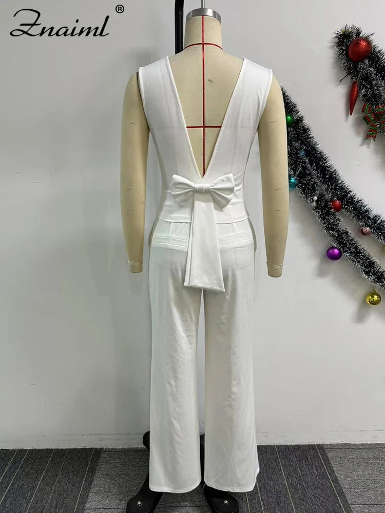 Znaiml Casual Wide Leg Pants Set Women Summer Sleeveless V Neck Backless Bowknot Tops Two 2 Piece Outfits Elegant Vacation 2025