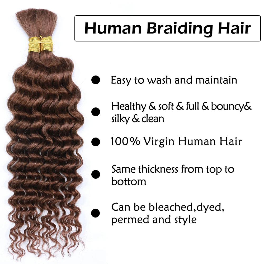 100G Human Hair Bulk for Braiding No Weft 33# Deep Wave Bulk Hair Extensions Weaving Hair for Women Braiding