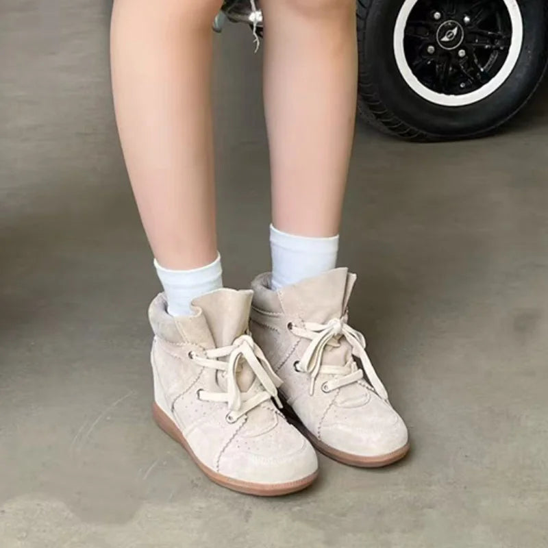Brand Frosted Splicing Sneakers Women Fashion Versatile Casual High-top Shoes Inner Height Increase Textured Design Casual Shoes