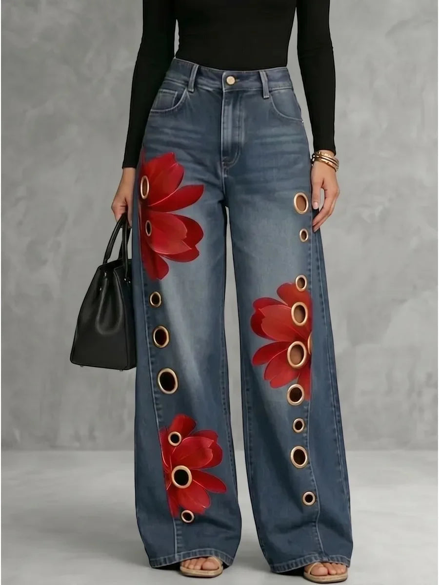 Bonboho Women High Waist Flower Print Wide Leg Floor Length Jeans 2026 Vintage Blue Denim Palazzo Jeans with Metal Eyelet Cutout