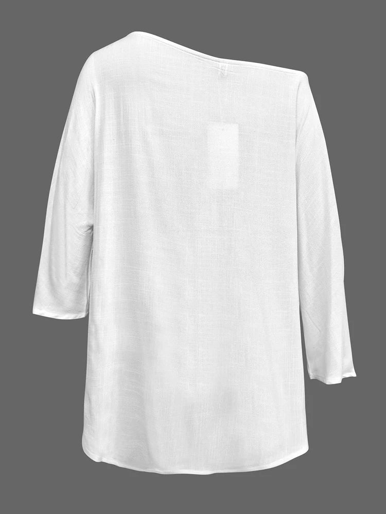 2025 Summer Spring Casual White T-shirts One-shoulder Long Sleeves Loose Simple Basic Tops Tee Shirts S-2XL