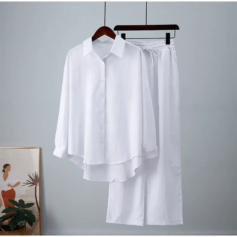 Holiday Wide Leg Pants Set Two Piece Set Women Vintage Boho Maxi Shirt Autumn Casual Loose Work Streetwear Y2k 2025 Outfits
