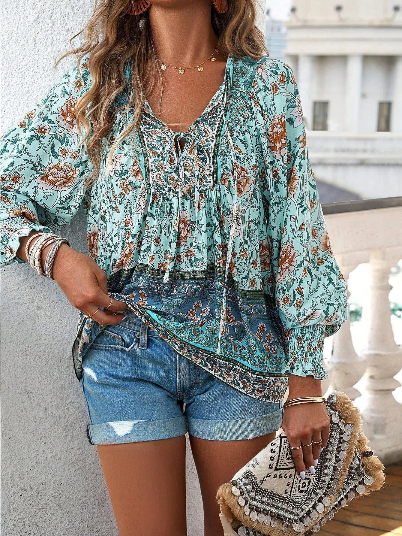 2025 Spring Summer Printed Shirt Women Elegant Chiffon V-neck Long-sleeve Top