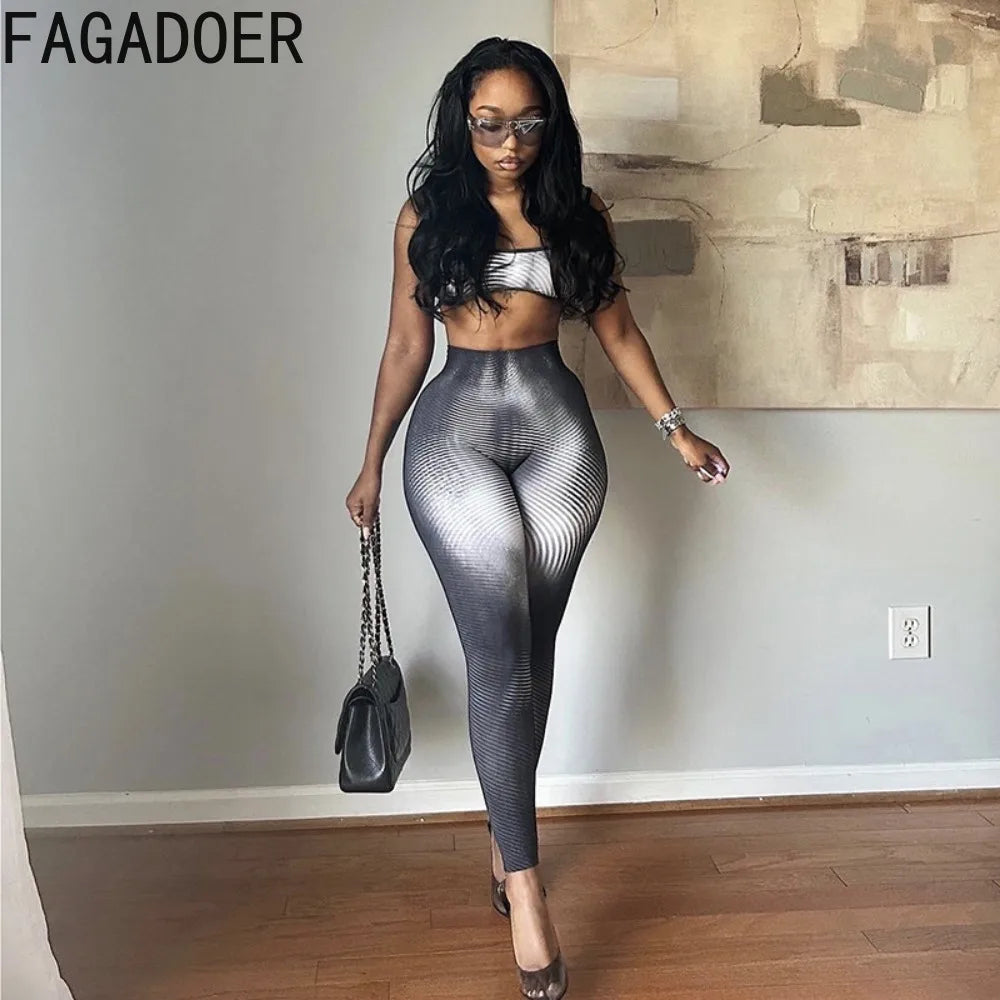 FAGADOER Fashion Stripe Patchwork 2 Piece Sets Woman Outfit Gradient Backless Vest Top + Skiny Pants Suit Female Jogger Clothing
