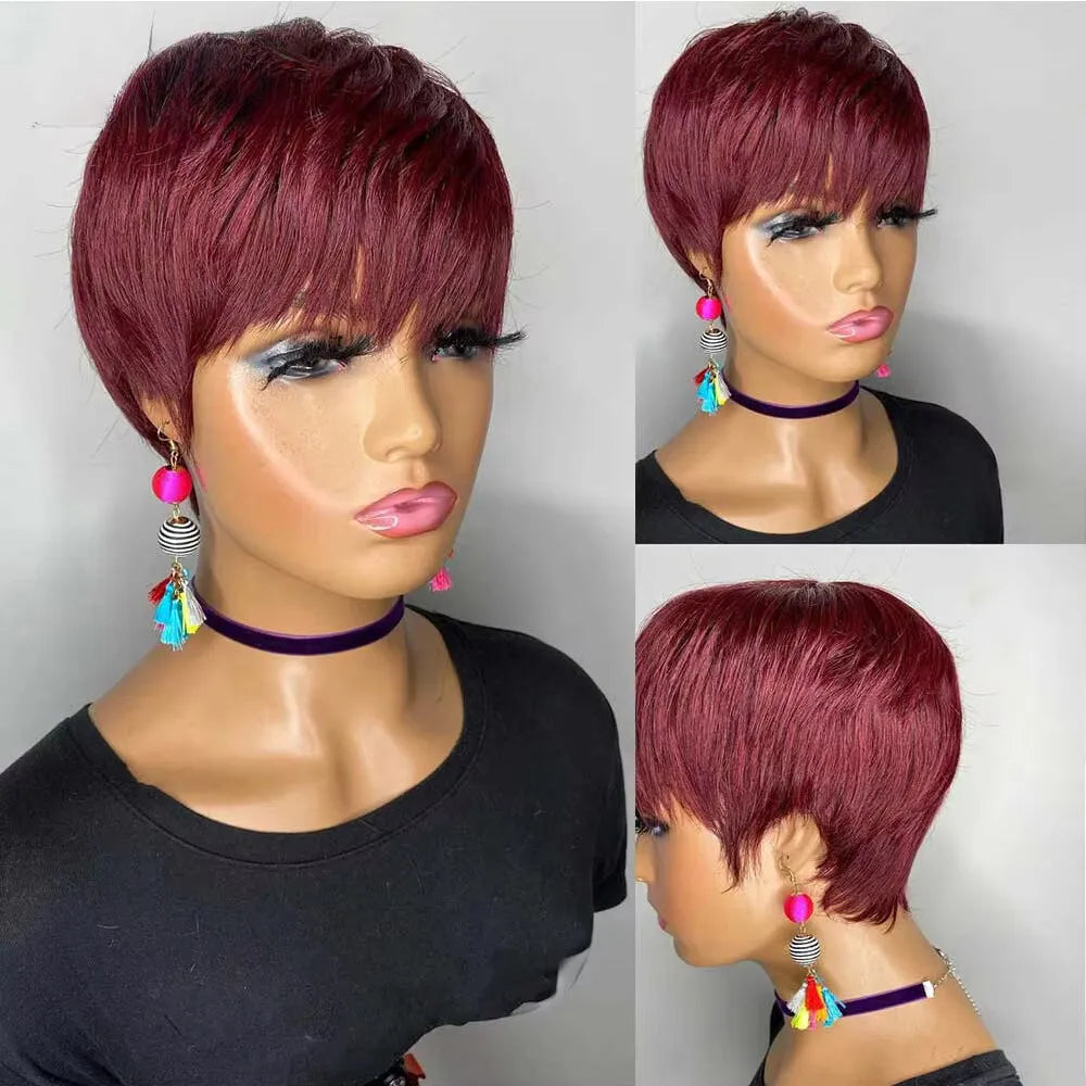 Human Hair Short Pixie Cut Wig 4# Staright Layered Pixie Cut Wig P4/27 Ombre Brown Full Machine Made Burgundy Red Color 613#