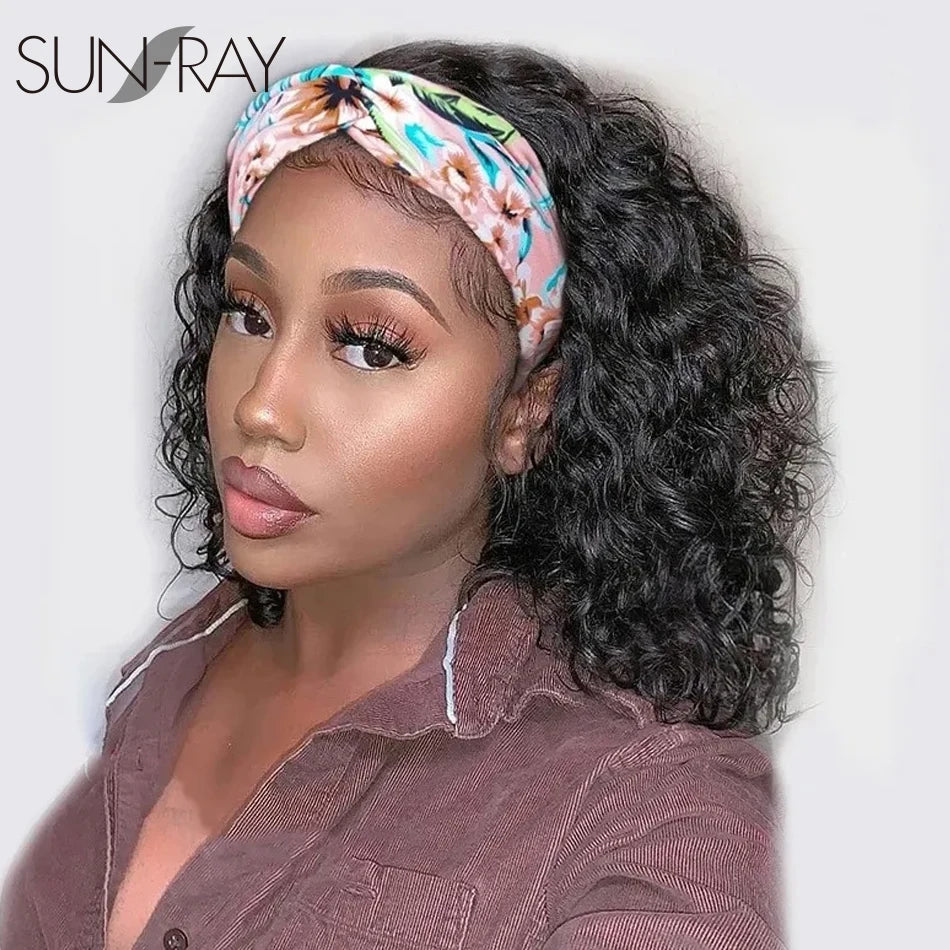 Short Curly Pixie Cut Headband Wig Water Wave Remy 100% Brazilian Human Hair Scarf Wigs For Women Machine Made Long Straight Wig
