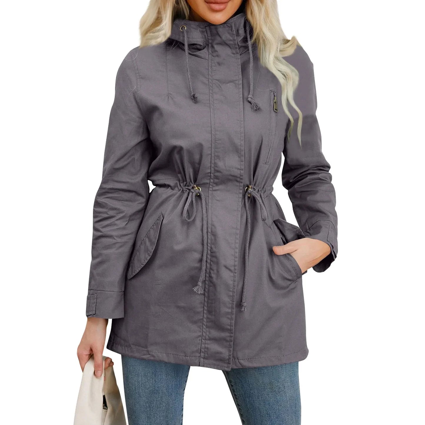 Women's Hooded Trench Coat Spring Autumn Fitted Solid Color Jacket for Daily Outdoor Camping Hiking