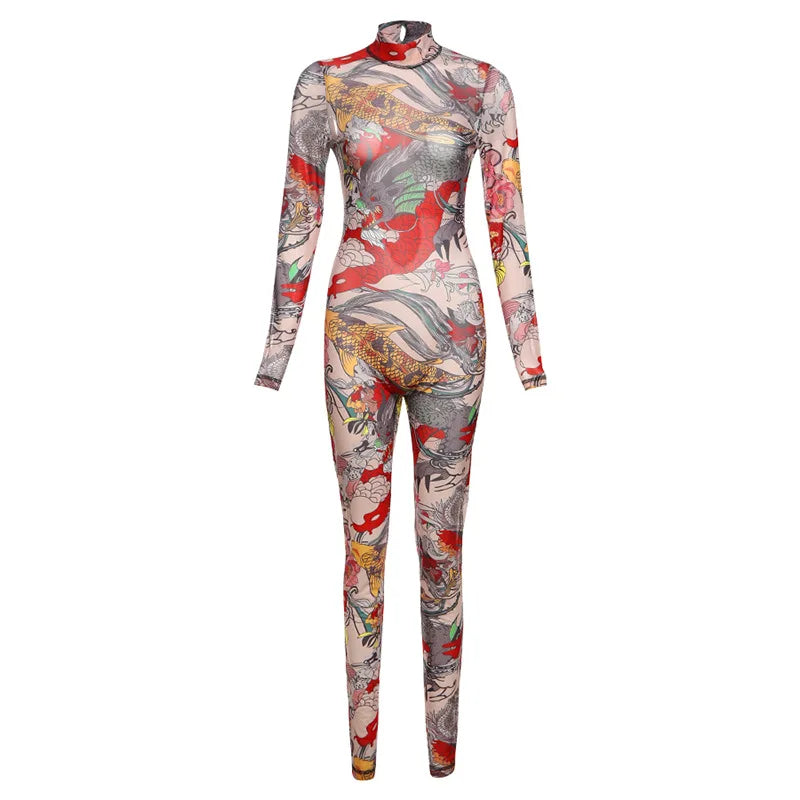 Joskaa Colorful Print Mesh Backless Jumpsuit Women Sexy See Through Full Sleeve Skinny Overalls 2025 Coquette Midnight Clubwear