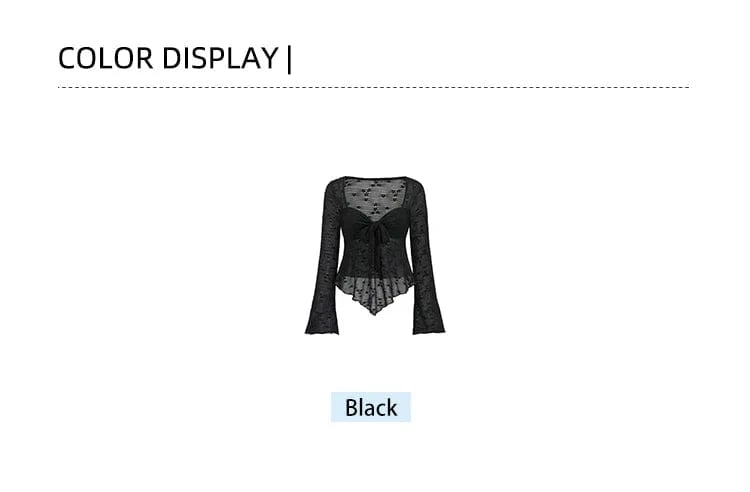 2025 Spring and Summer New Women's Solid Color Long Sleeve Square Neck Rope Knot Top Lace Transparent Long Sleeve Sexy
