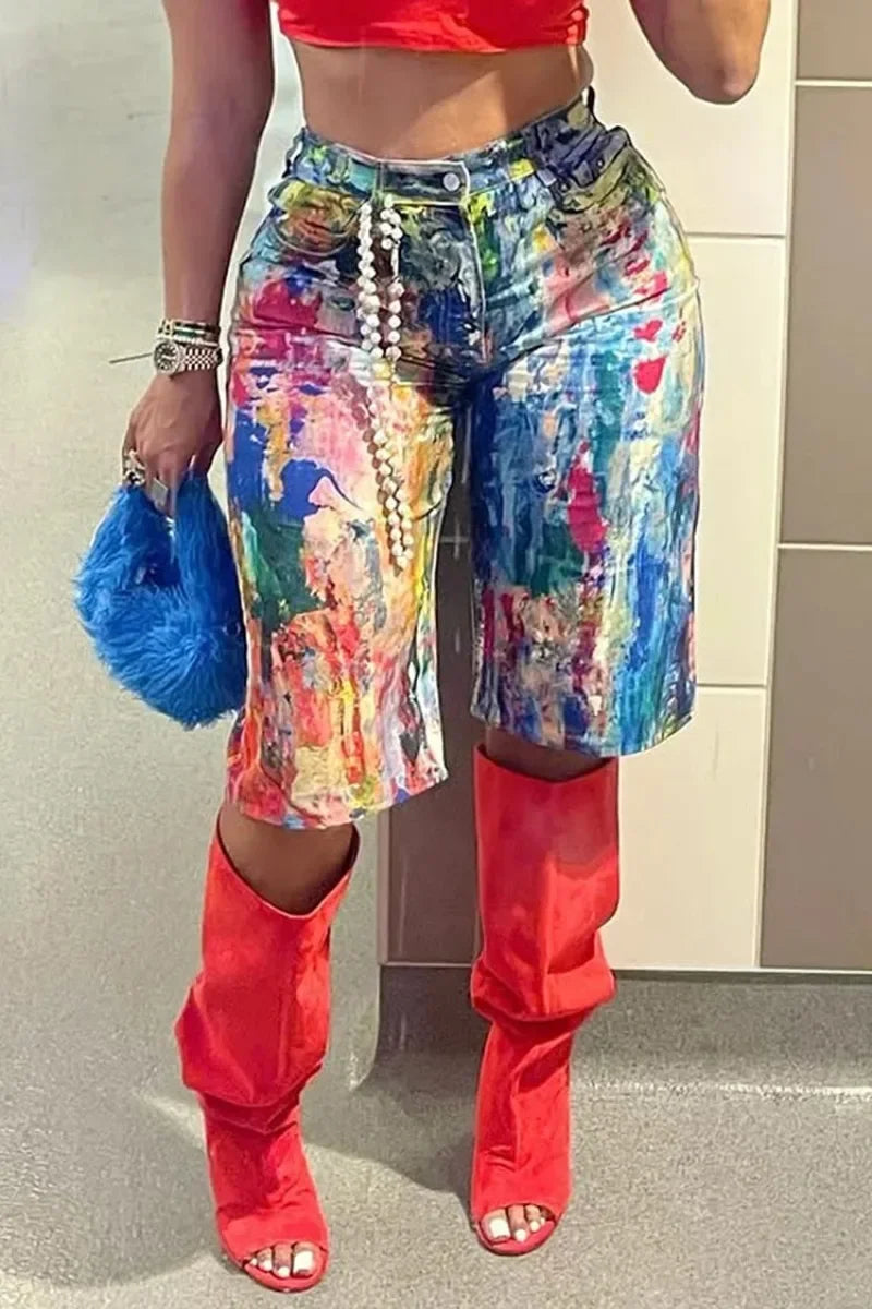 Summer Graffiti Colorful Painting Print Loose Casual Shorts Women High Waist Button Pockets Straight Short Trousers Streetwear