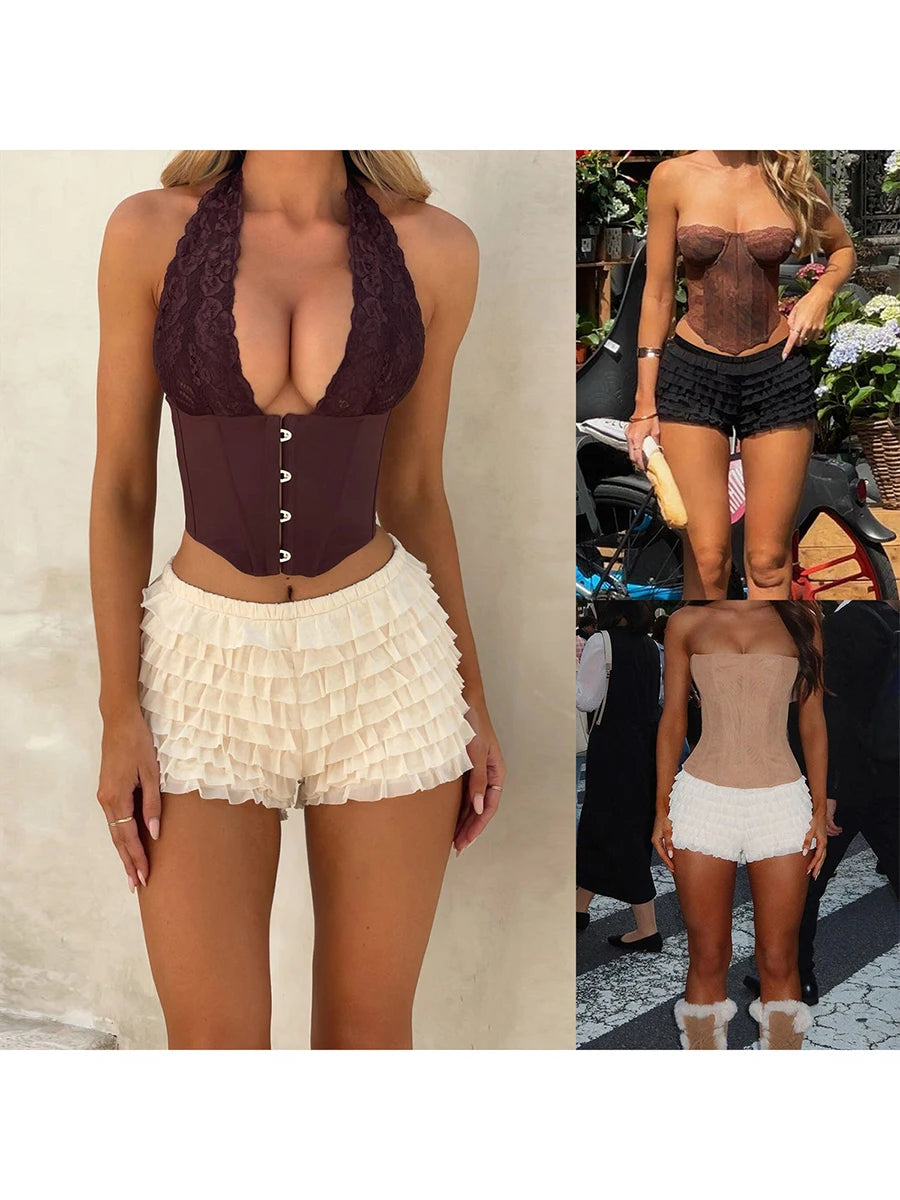 Women'S Pleated Edge Layered High Waisted Y2K Shorts Summer Cake Skirt Lolita Girls Elastic Waist Layered Slim Casual Shorts