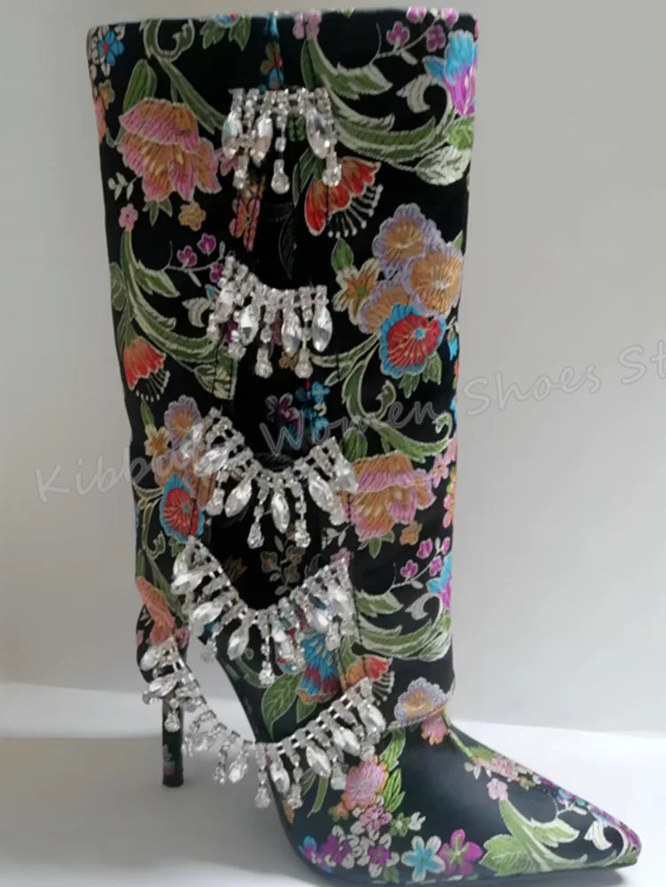 Embroidery Crystal Knee High Boots Glossy Fashion Elegant Luxury Novelty Concise Slip-On Pointed Toe Thin Heels Women Shoes New