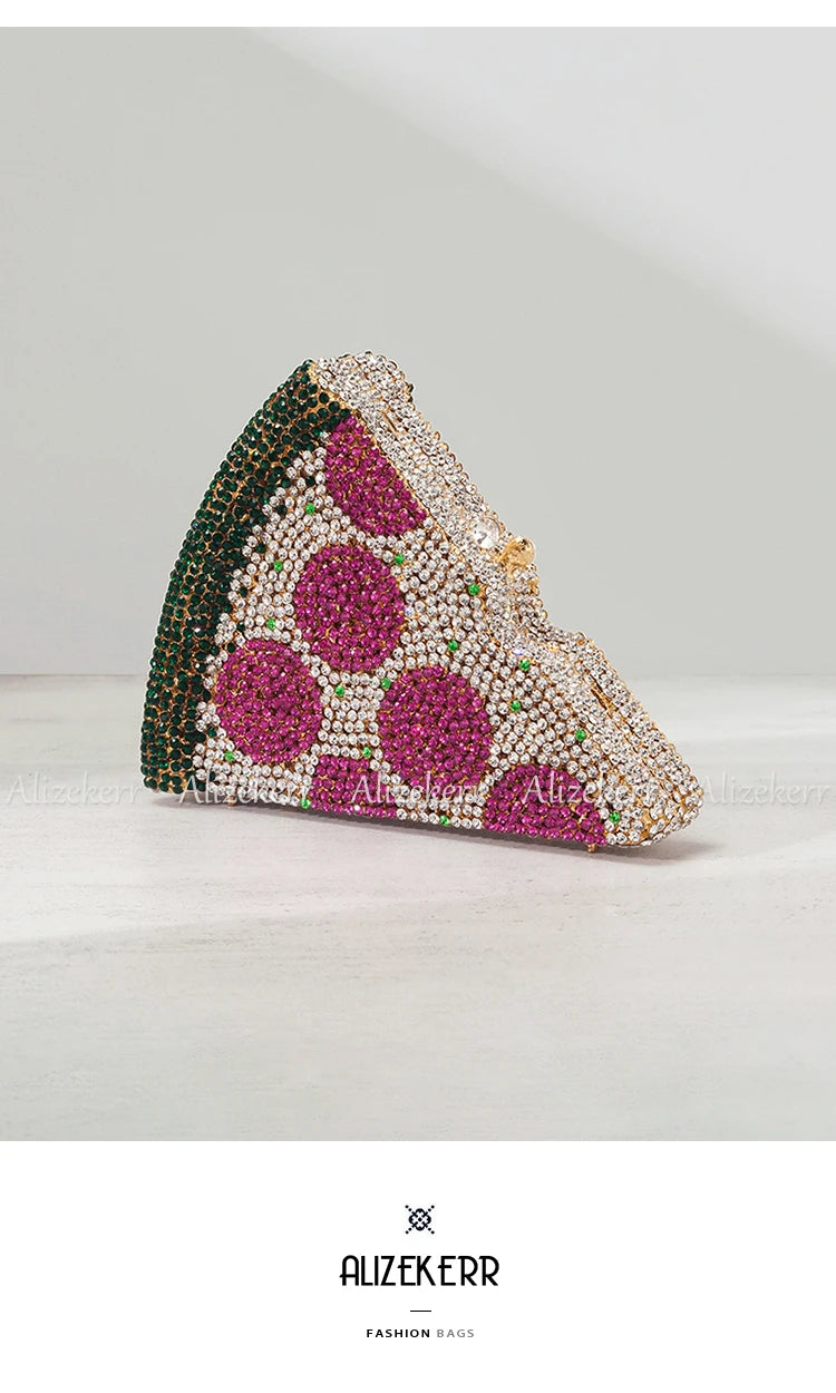 Alizekerr Pizza Shaped Diamond Evening Clutch Bags 2024 New Gorgeous Unique Metallic Watermelon Rhinestone Purses Wedding Party
