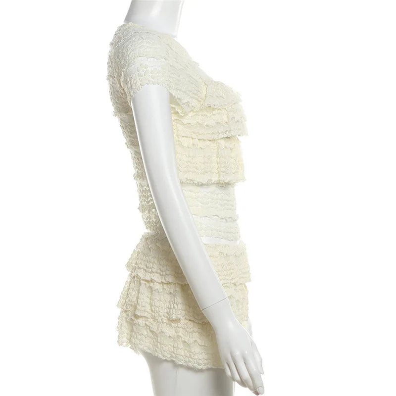 Two Piece Women Crop Top And Mini Skirt Matching Set 2024 New Summer Fashion Sexy White Lace Ruffle Ruched Skirts Outfits
