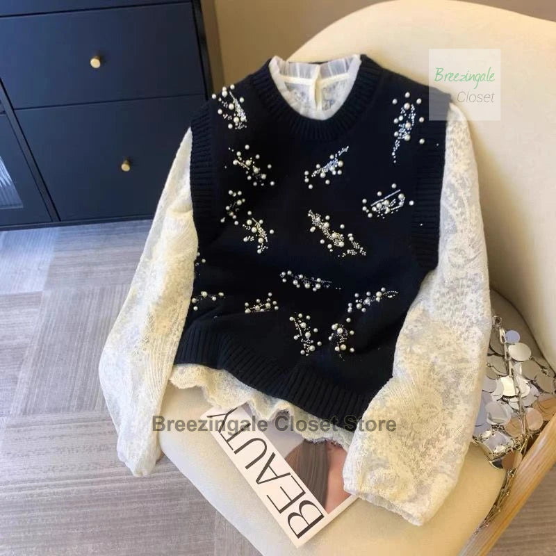 French style design nail bead inlaid diamond knitted vest for women's spring new style, sleeveless camisole top for outerwear