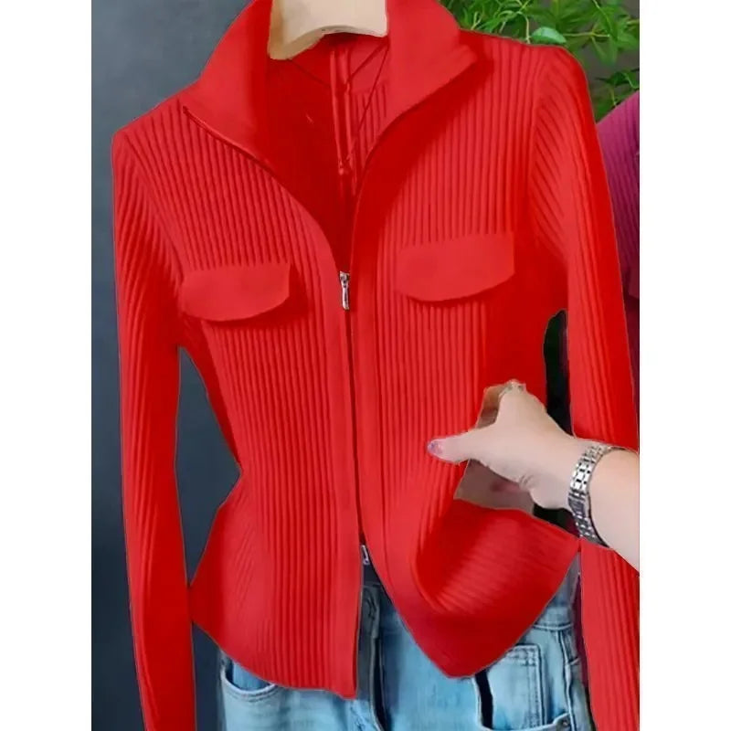 Fashion Zipper Short Knitted Cardigan Sweater 2025 Spring Autumn New Korean Versatile Coat Top Turn-Down Col Sweater Solid Color