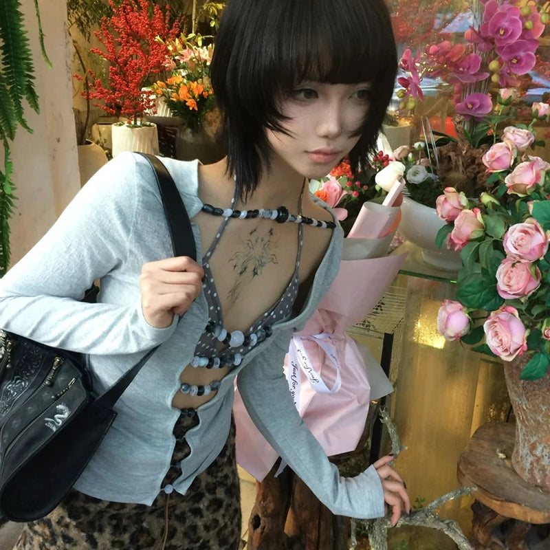Karrram Japanese Y2k Hollow Out T-shirt 2000s Aesthetics Long Sleeve Beaded Tops Vintage Harajuku Sexy Streetwear American Retro
