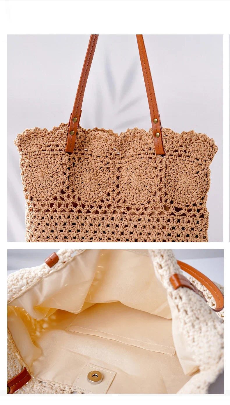 Ladies Beach Leisure Shoulder Bags Women's Summer Artistic Weaving Crochet Tote Handbags Female Retro Hollow Solid Crossbody Bag