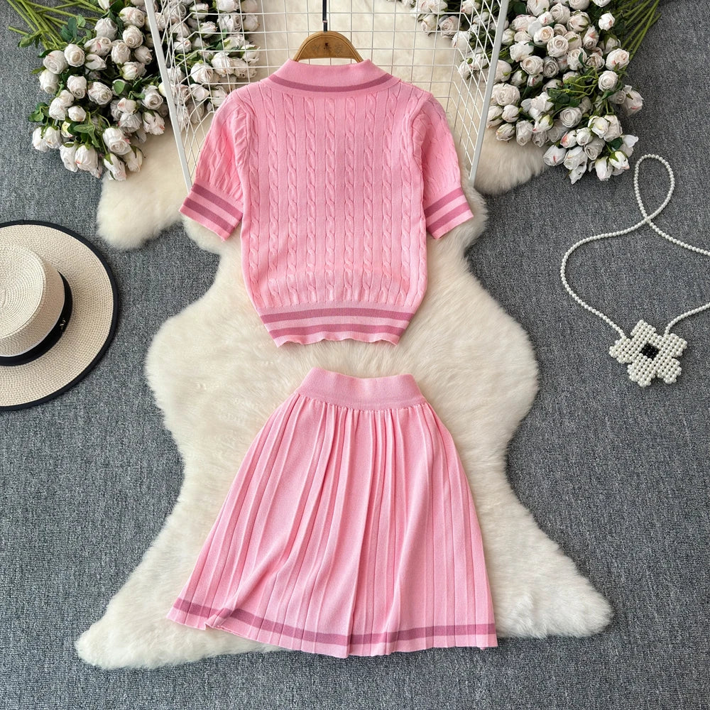 TWOTWINSTYLE Sweet Style Two Piece Set For Women Lapel Short Sleeve Tops High Waist Spliced Folds Skirt Sets Female KSE524900