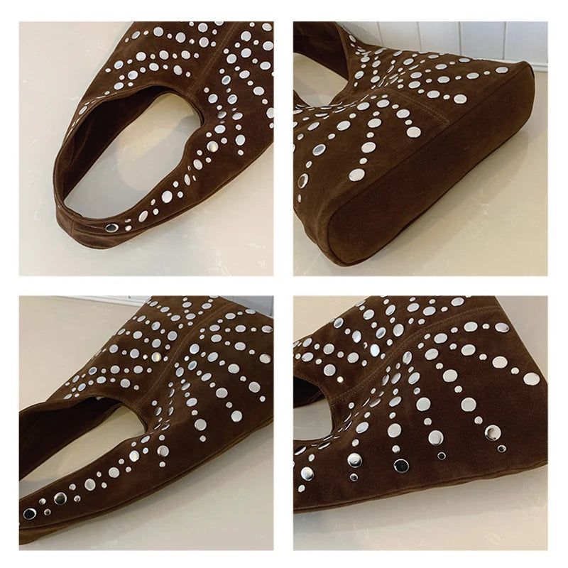 Polka Dot Rivet Tote Bag Women's Fashion Trend Texture Shoulder Bag High-end Luxury Suede Bucket Bag Commuter Female Handbag