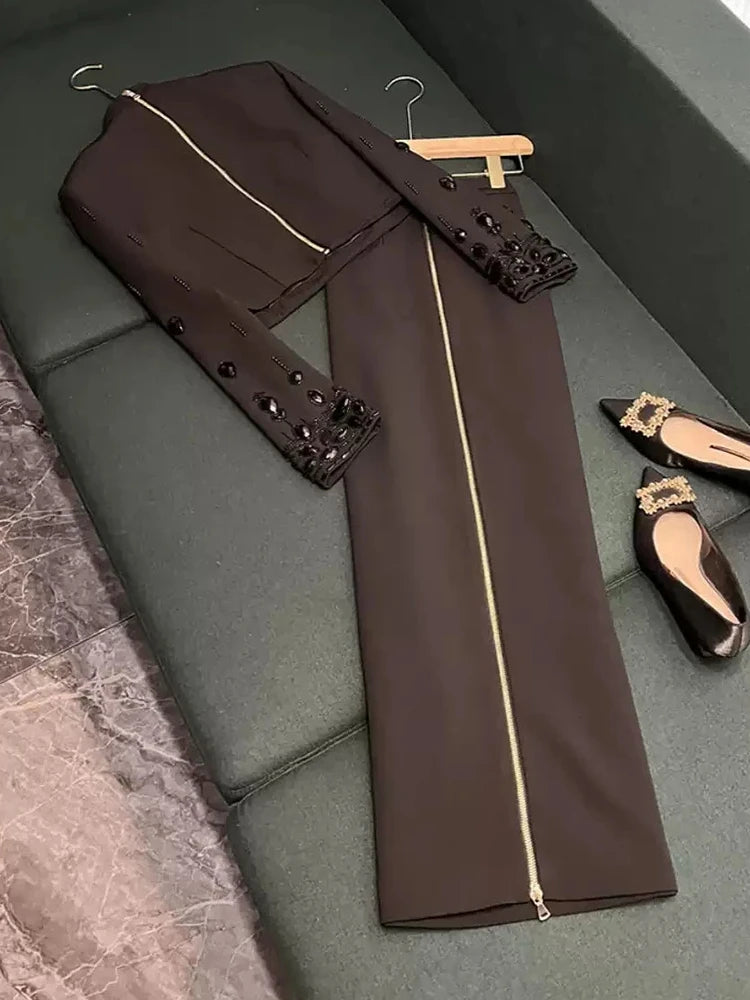 TWOTWINSTYLE High Street Two Piece Set For Women Stand Collar Long Sleeve Spliced Zipper Tops A Line Skirt Set Female KSE504167