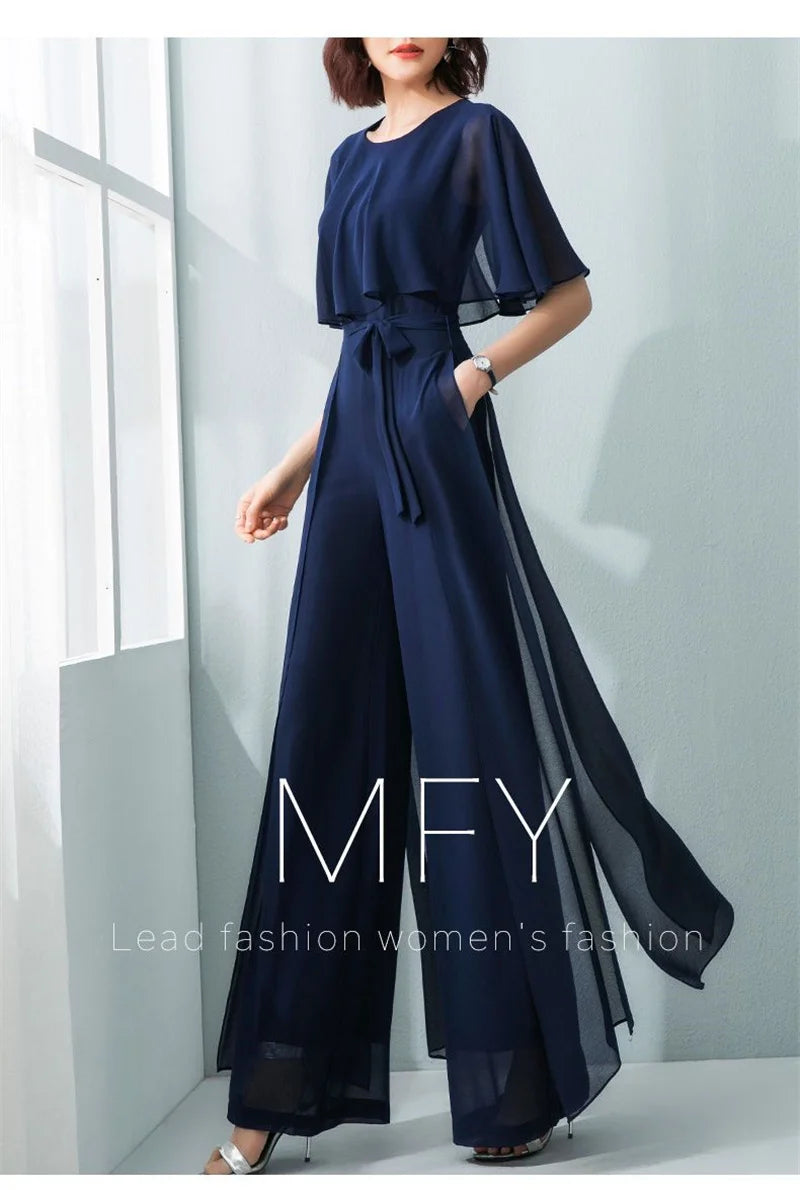 Lotus Leaf Sleeve Jumpsuit Women's Summer Long 2023 New Chiffon Jumpsuit Wide Leg Set Temperament Jumpsuit Female Bodysuit Blue