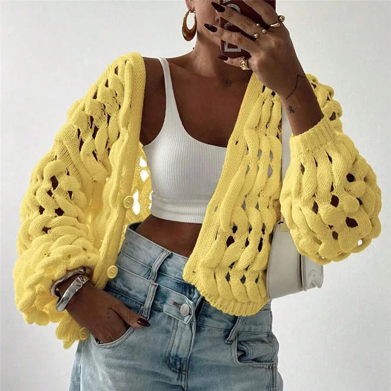 Fashion V Neck Single Breasted Crochet Jacket Woman Sexy Hollow Out Long Sleeve Knitted Sweater Casual Pure Soft Cardigan Jumper