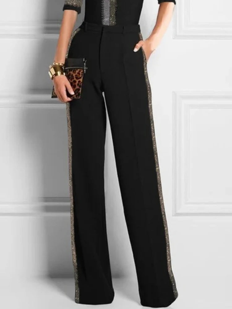 Beautyblue Women's Wide Pants Contrast Sequin Trousers 2025 New High Waisted Loose Pockets Fashion Casual Loose Female Bottom