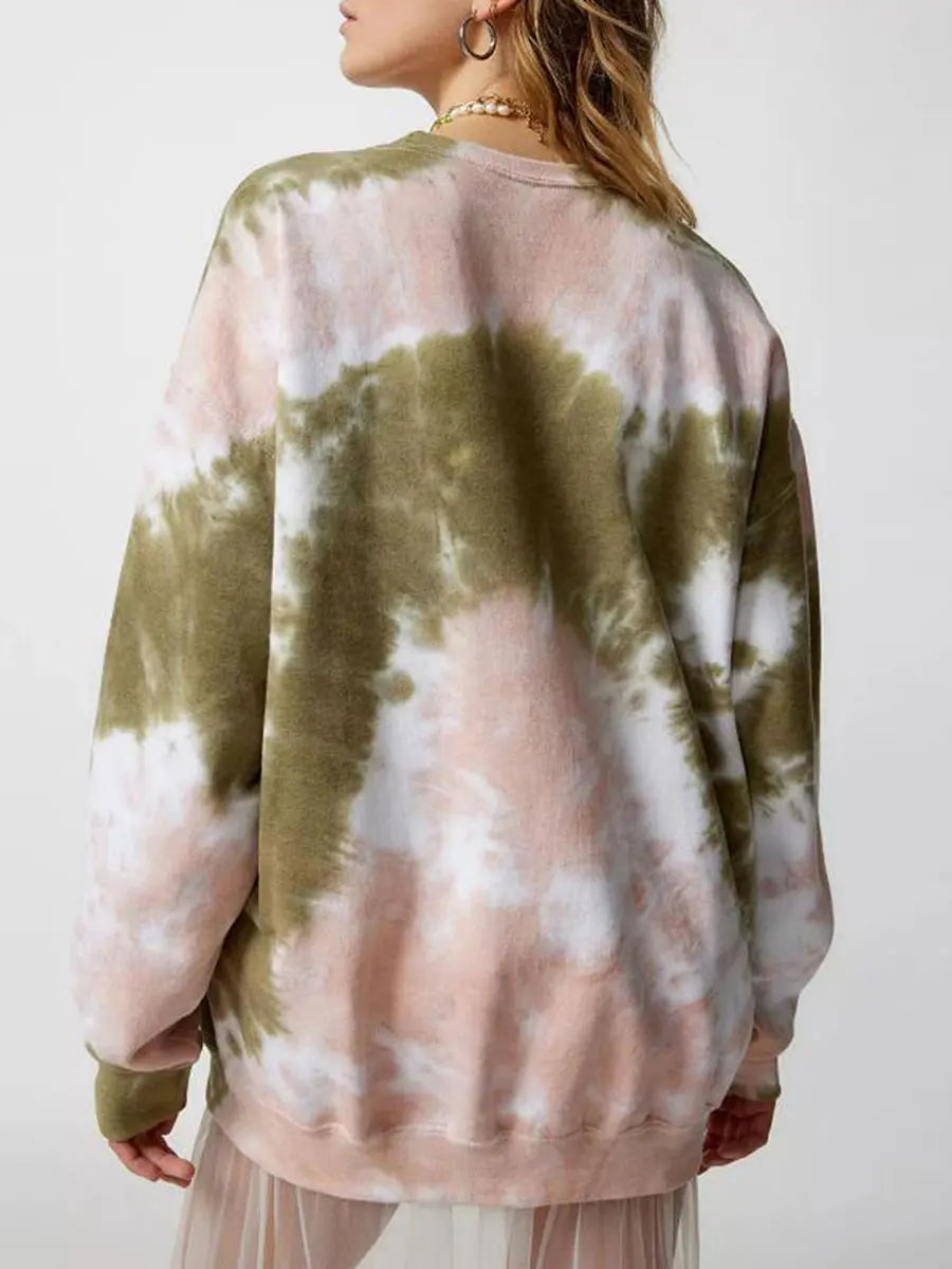 Women's Spring and Autumn Loose Heart Tie Dye Round Neck Sweatshirt Long Sleeve Heart Tie Dye Printed Round Neck Sweatshirt