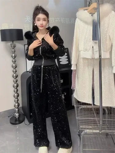 Velvet Two Piece Set Sequined Hoodie