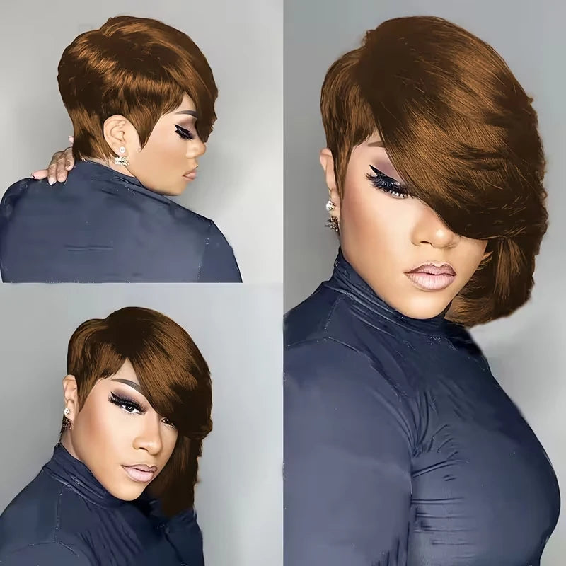 Short Pixie Cut Human Hair Wig With Bangs for Women