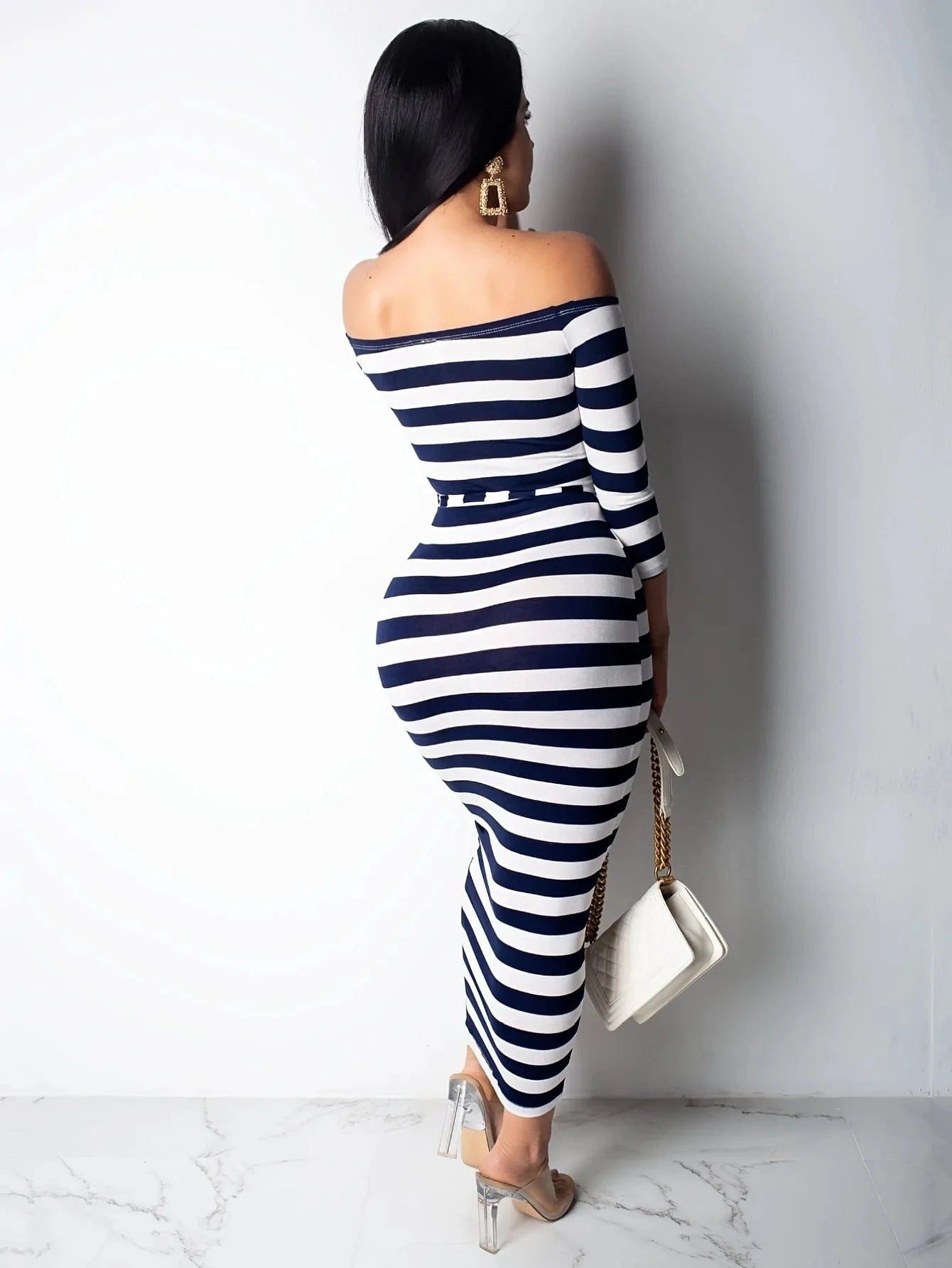 New 2024 Casual Women Dress Summer Striped Bodycon Midi Dresses Slash Neck Lace Up Three Quarter Pencil Dresses