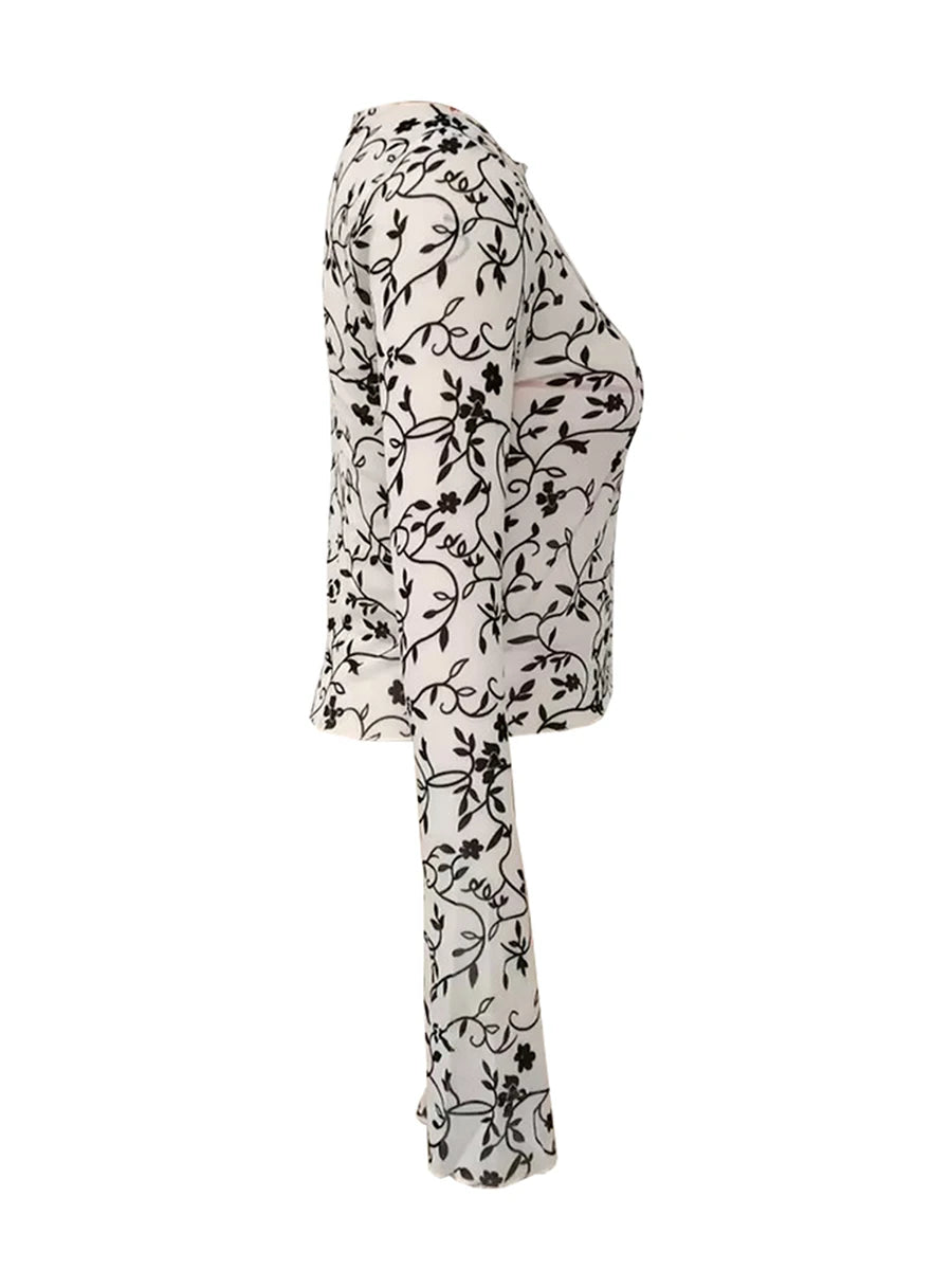 Women'S Sheer Mesh Top With Long Sleeves Flared Sleeves Floral Print Slim Fit T-Shirt Boat Neck Print Mesh Long Sleeved Shirt